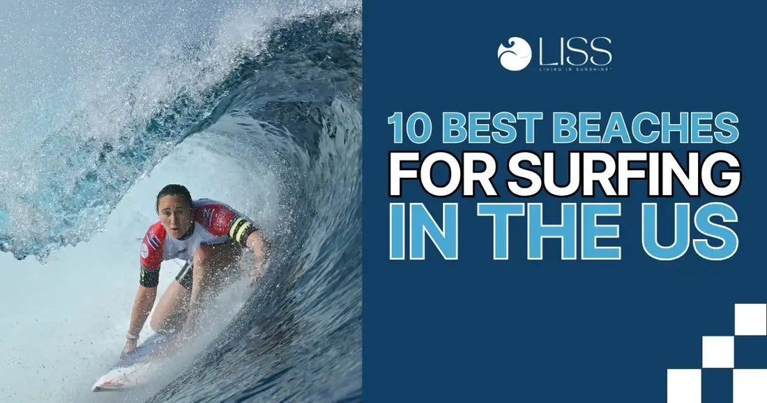 Surfer riding a wave with text saying “10 Best Beaches for Surfing in the US.”