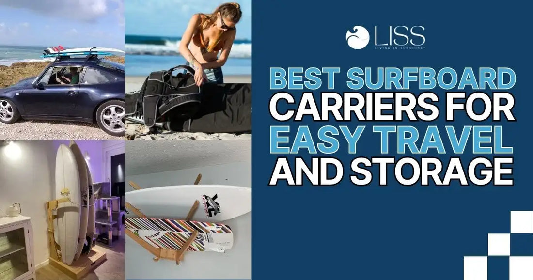 Collage of surfboard carriers in use with text promoting easy travel and storage
