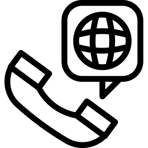 Black and white icon showing a telephone handset with a globe symbol for global call.