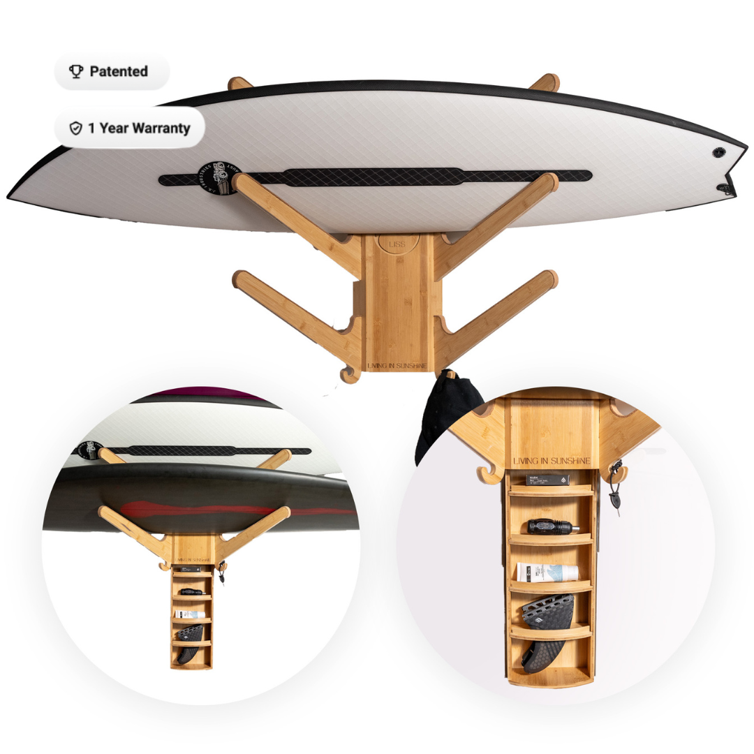 Eco-friendly bamboo surfboard rack with storage shelves and patented design