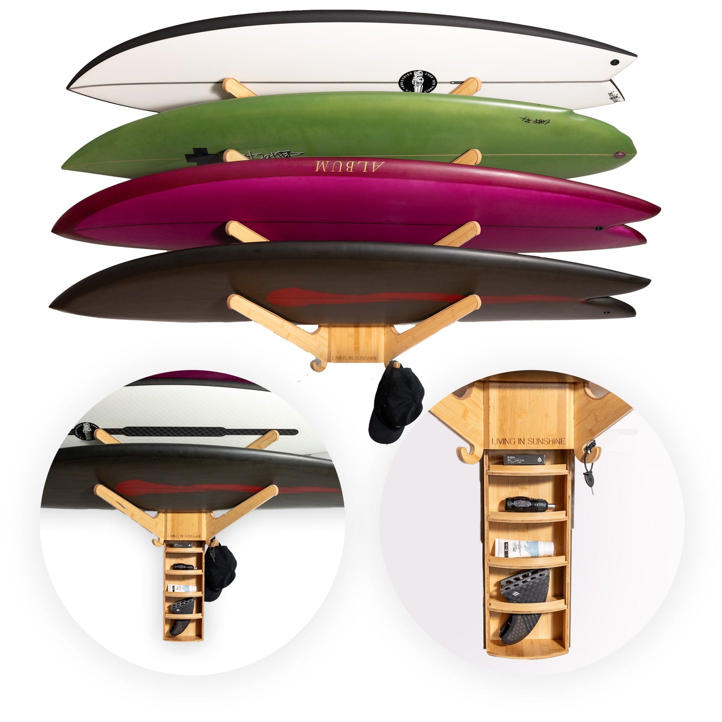 Wooden surfboard rack holding four boards with built-in storage drawer shown below