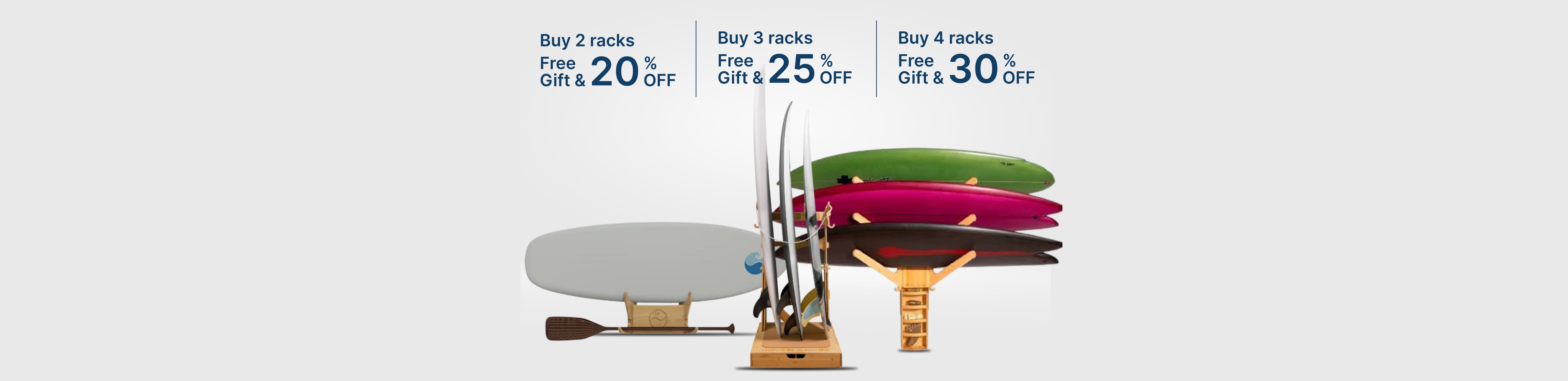 Promotional image featuring surfboard racks with discounts and free gifts for purchases.