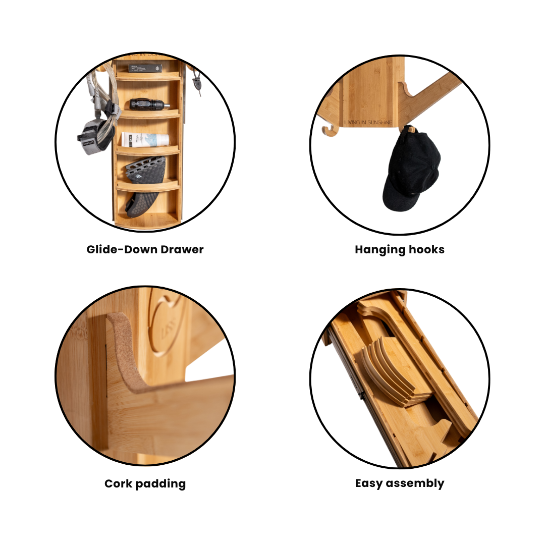 Bamboo storage features glide-down drawer, hanging hooks, cork padding, assembly