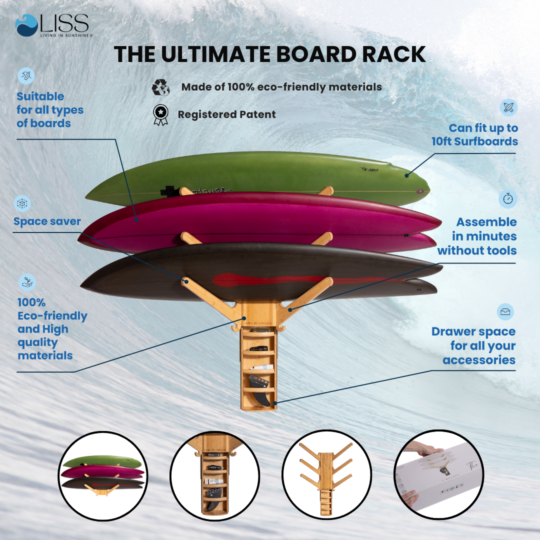 LISS eco-friendly ultimate board rack with storage drawers and surfboards
