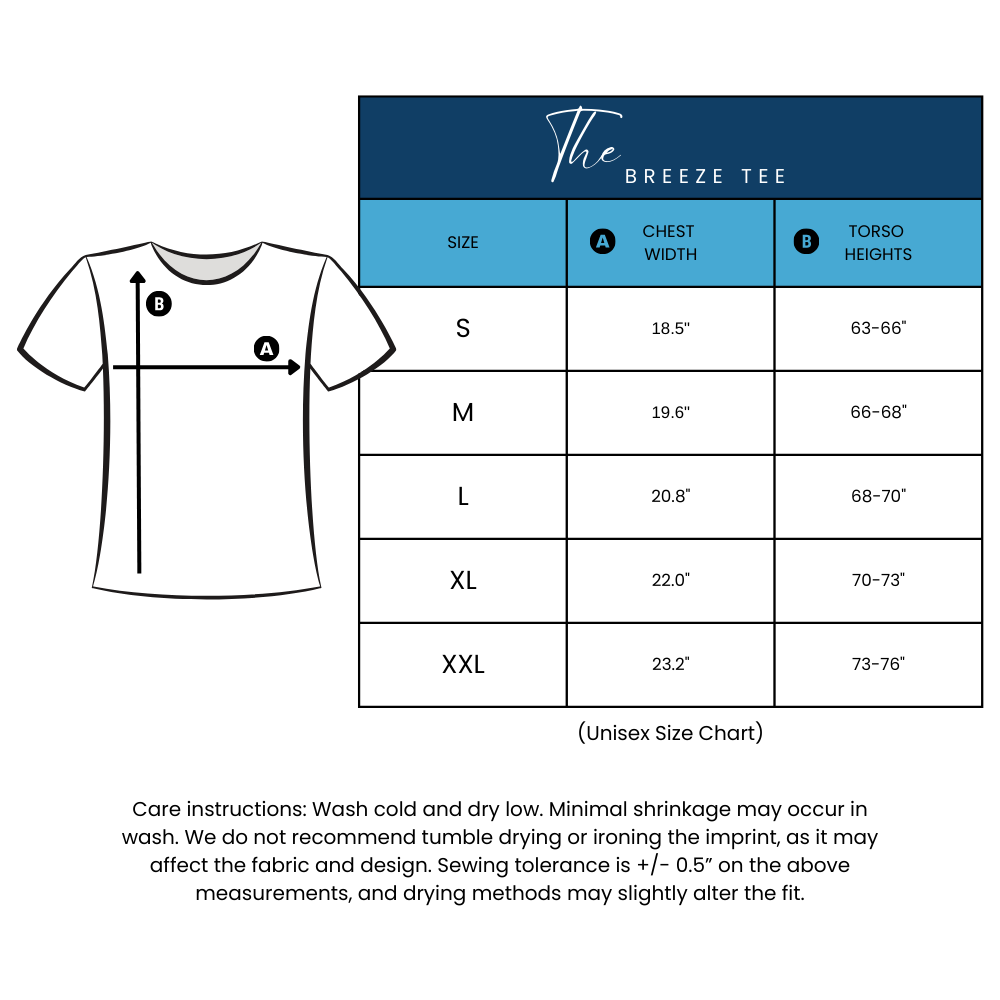 Unisex Breeze Tee size chart with chest width and torso height measurements S-XXL