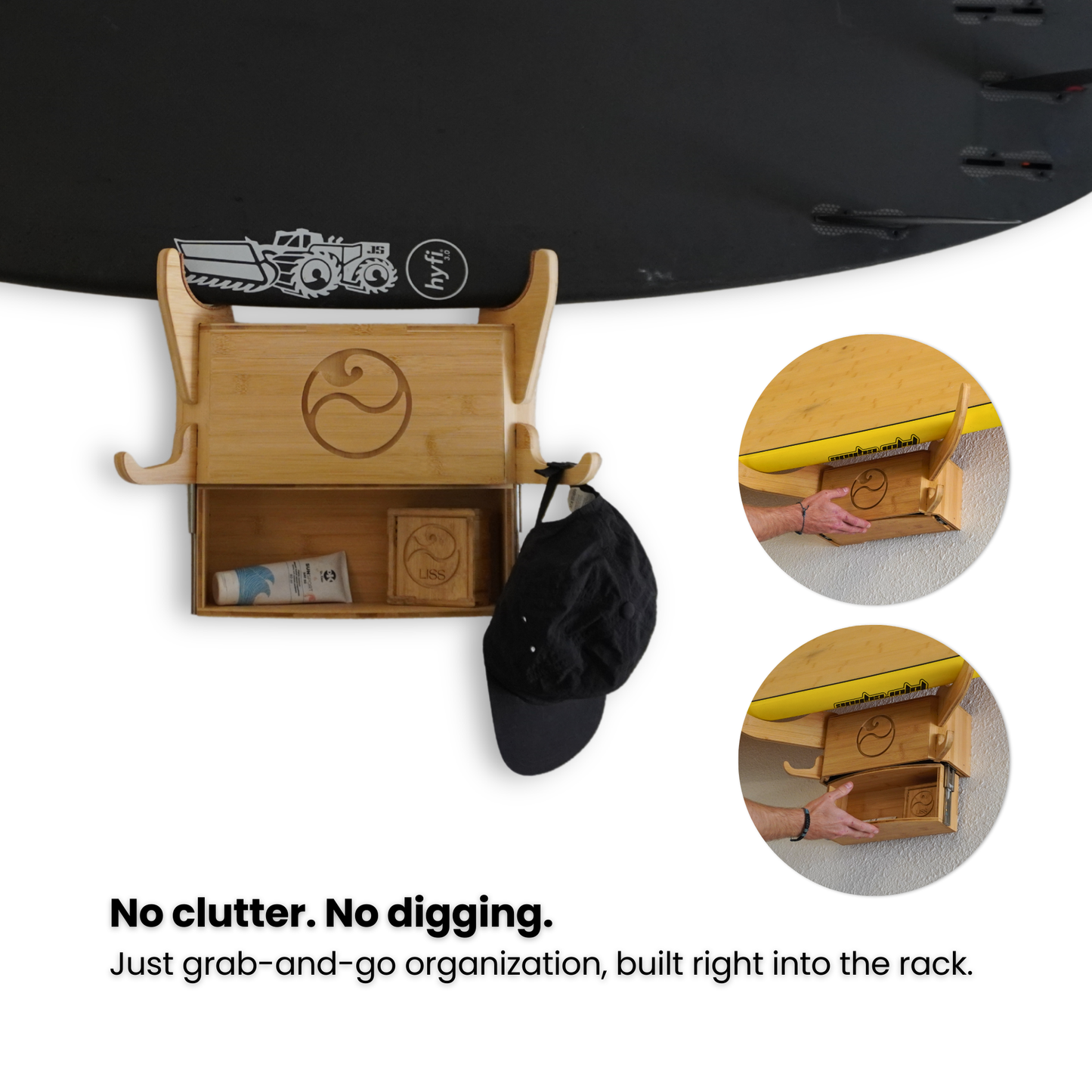 Wooden surfboard rack with built-in storage for accessories and grab-and-go use.