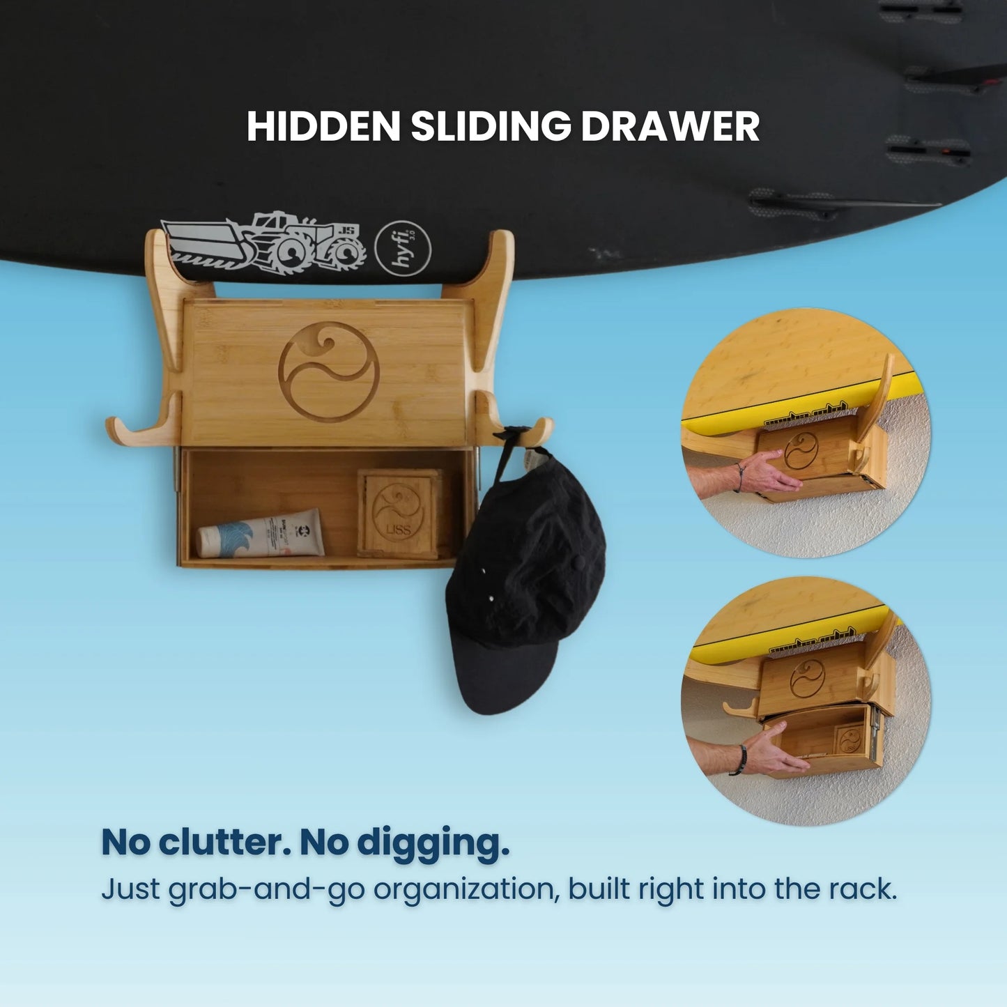 Close-up of the Solo Rack’s hidden storage drawer holding wax and essentials.