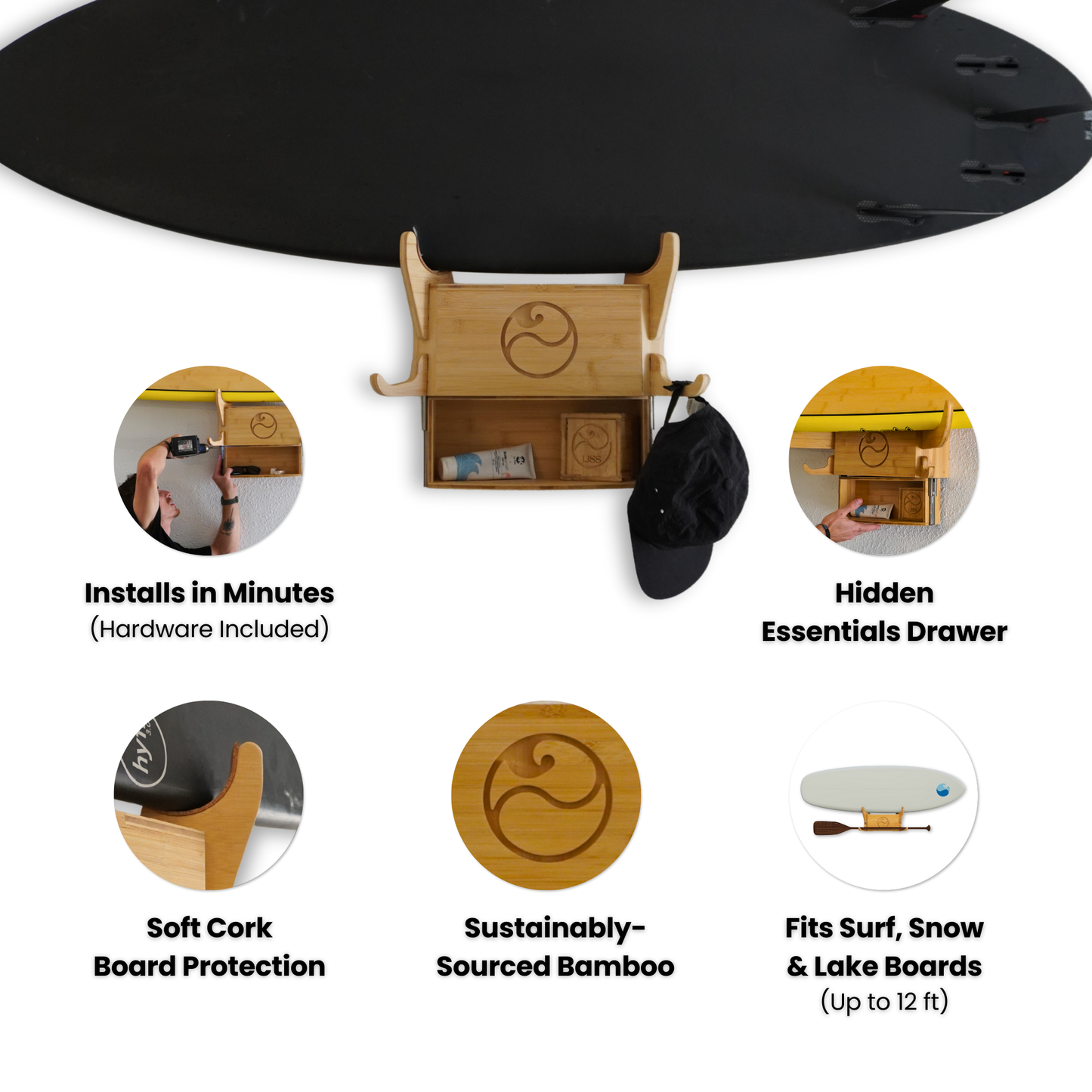 Bamboo surfboard wall rack with cork protection, hidden drawer, and easy setup.