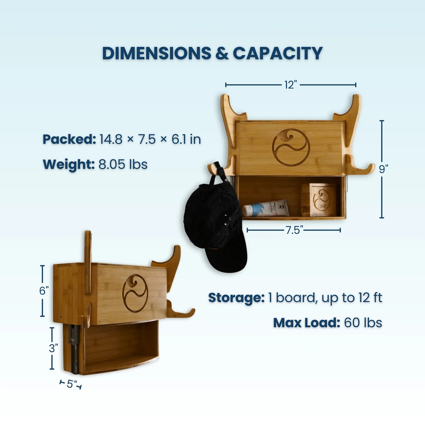 Dimensions and load capacity for The Solo Rack with measurement callouts.