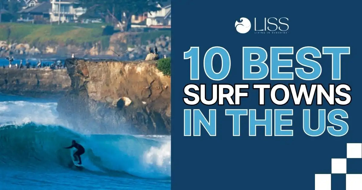 Surfer riding a wave near cliffs with text “10 Best Surf Towns in the US.”