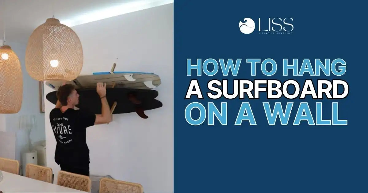 Man hanging a surfboard on a wall with step-by-step guide text overlay
