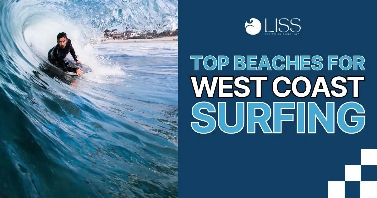 Surfer riding a wave with text overlay promoting top beaches for West Coast surfing.