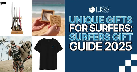 Surfer gift guide 2025 with surfboards, apparel, and beach accessories shown