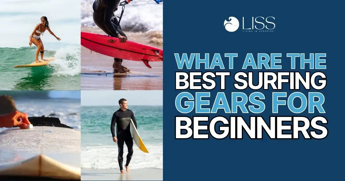 Collage of surfers and gear with text: "Best Surfing Gears for Beginners"