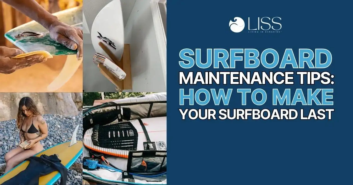 Surfboard maintenance tips banner with images of board care, storage, and beach use