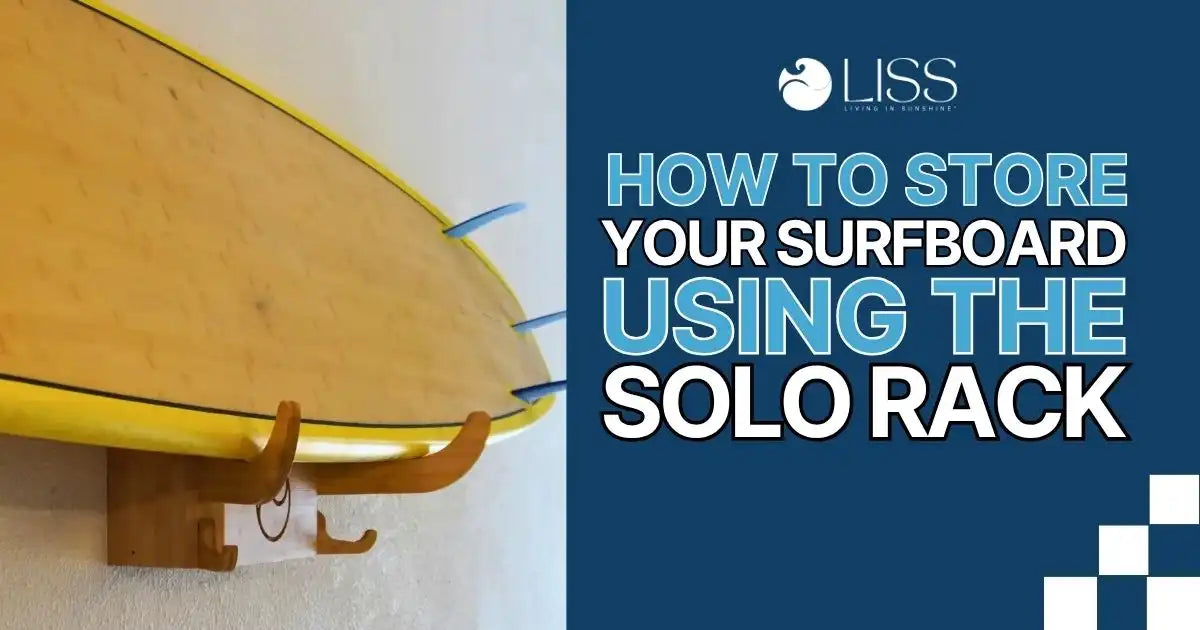Yellow surfboard mounted on a wooden solo rack beside text on storage instructions