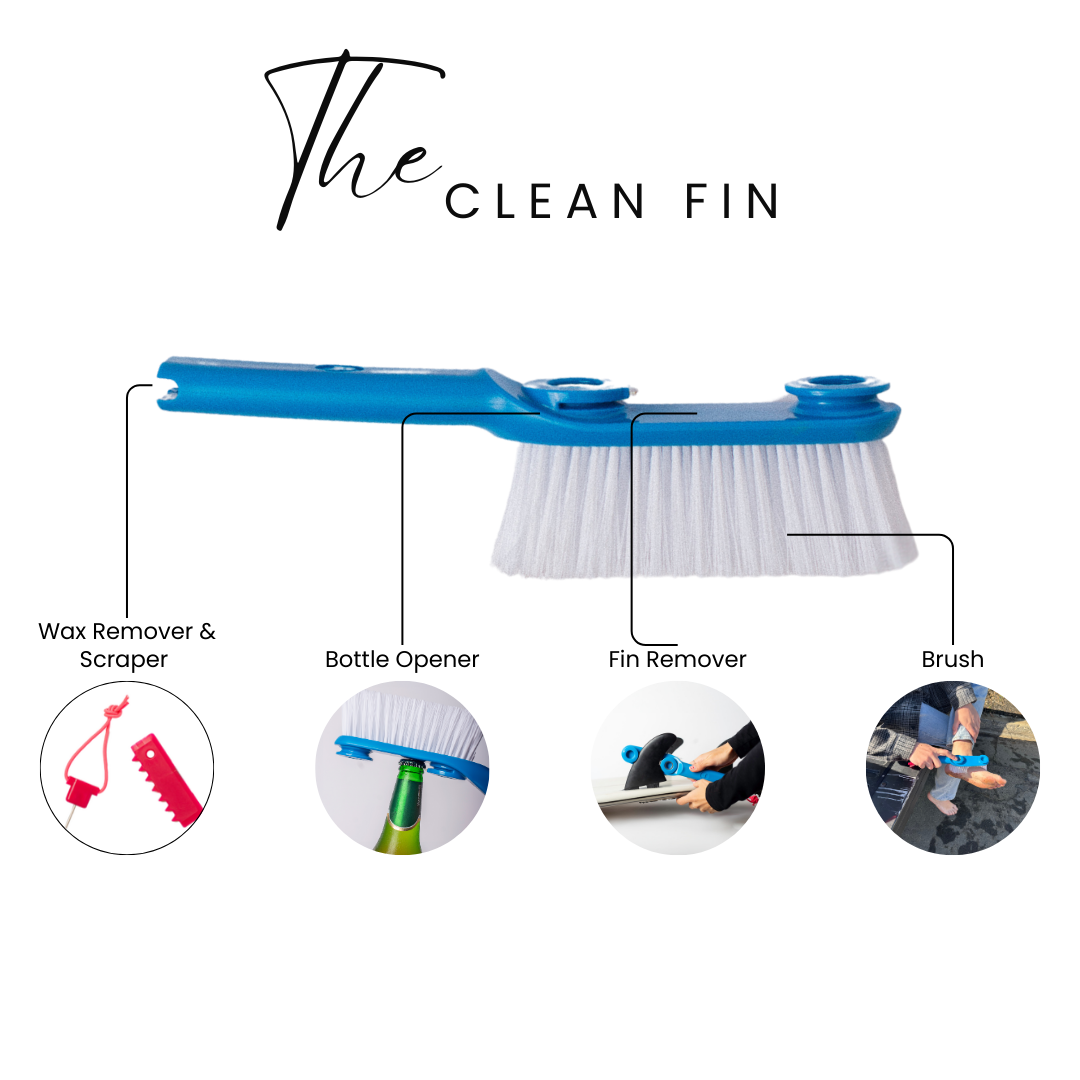 Blue Clean Fin multi-tool with brush, fin remover, bottle opener, and scraper