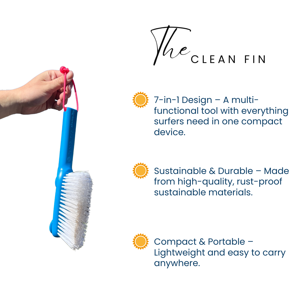 Hand holding The Clean Fin, a blue 7-in-1 sustainable surf cleaning tool