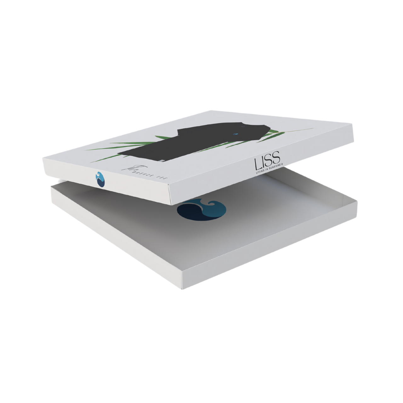 LISS branded white clothing box with open lid featuring black shirt graphic