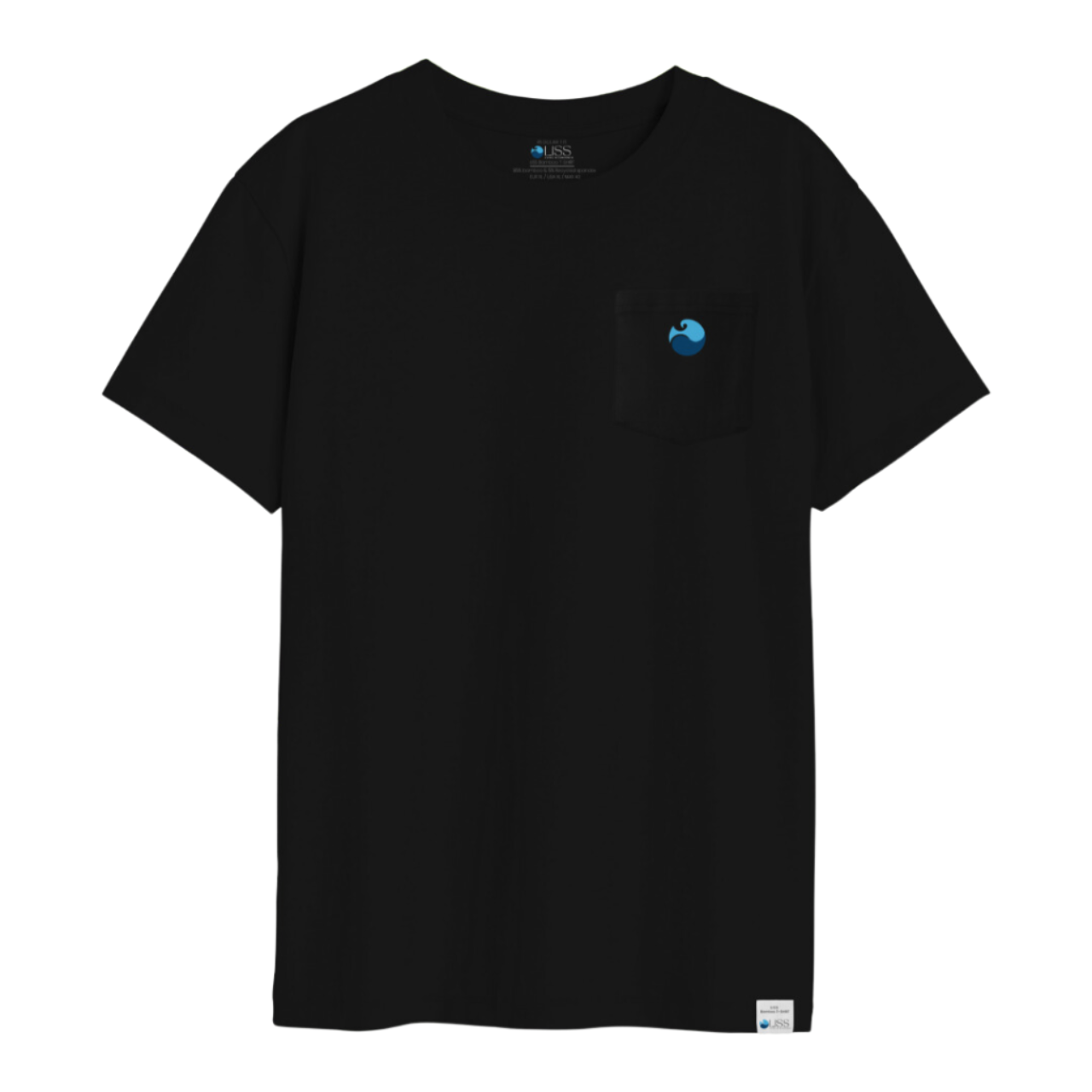 Black t-shirt with small blue logo on chest pocket displayed on plain background