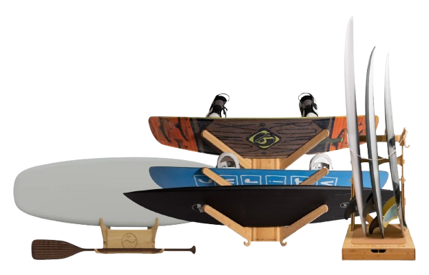 Wooden rack holding multiple surfboards and a paddle, organized for storage.