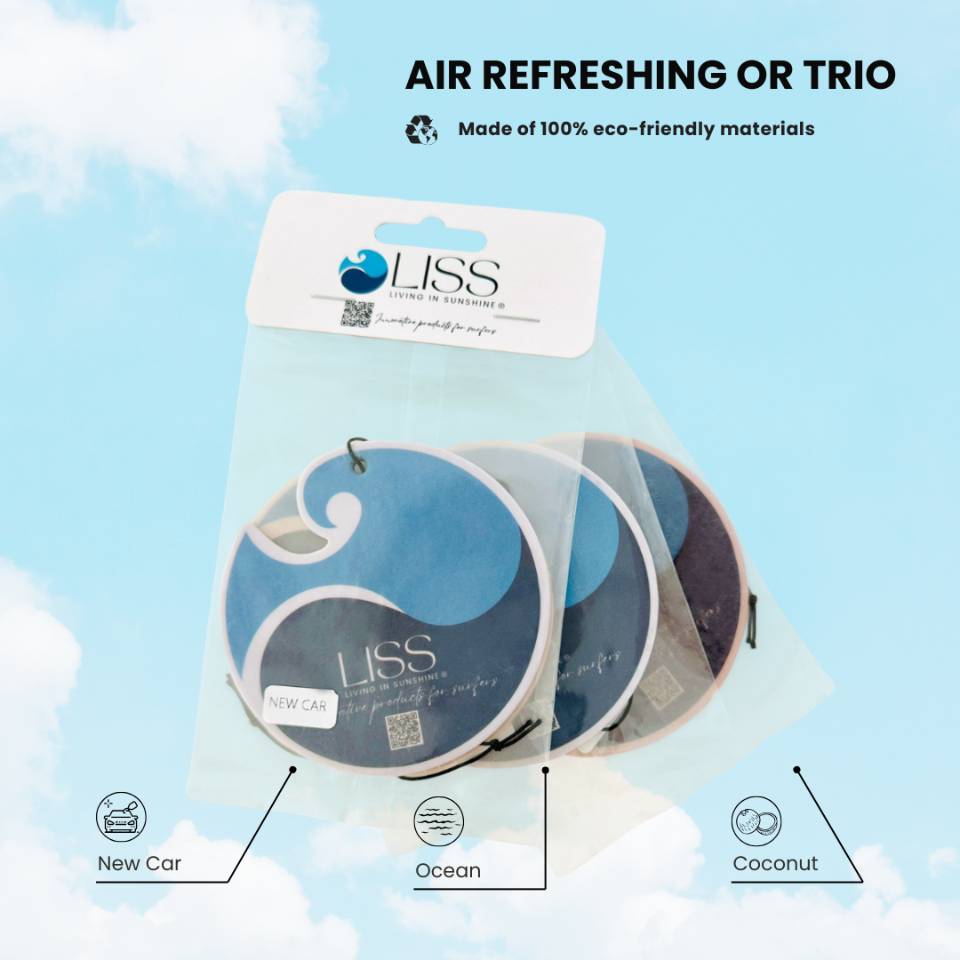 LISS eco-friendly car air freshener trio pack in new car, ocean, and coconut scents