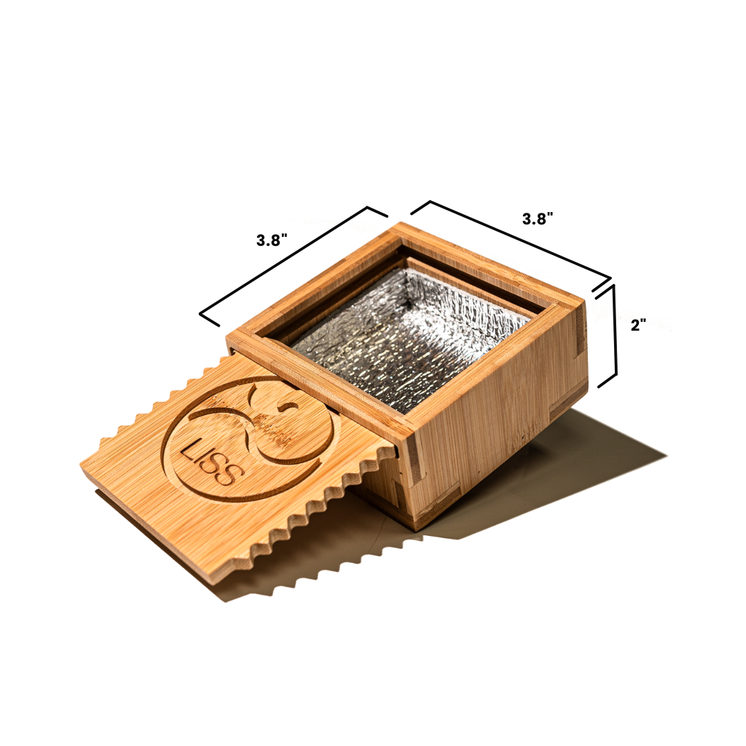 LISS bamboo sliding box with engraved logo and foil interior, 3.8x3.8x2 inch