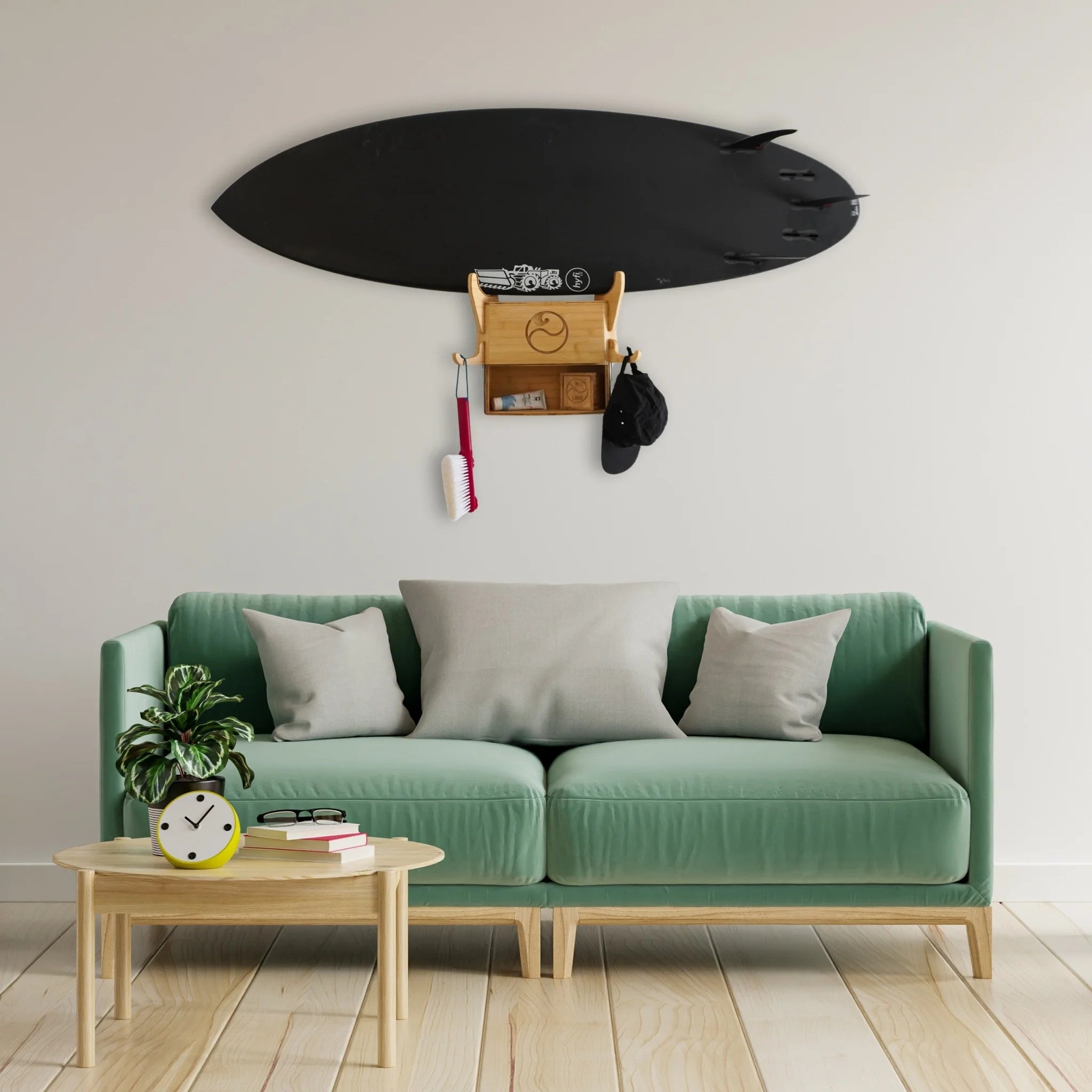 The Solo Rack installed in a styled room with surfboard and accessory hooks in use.
