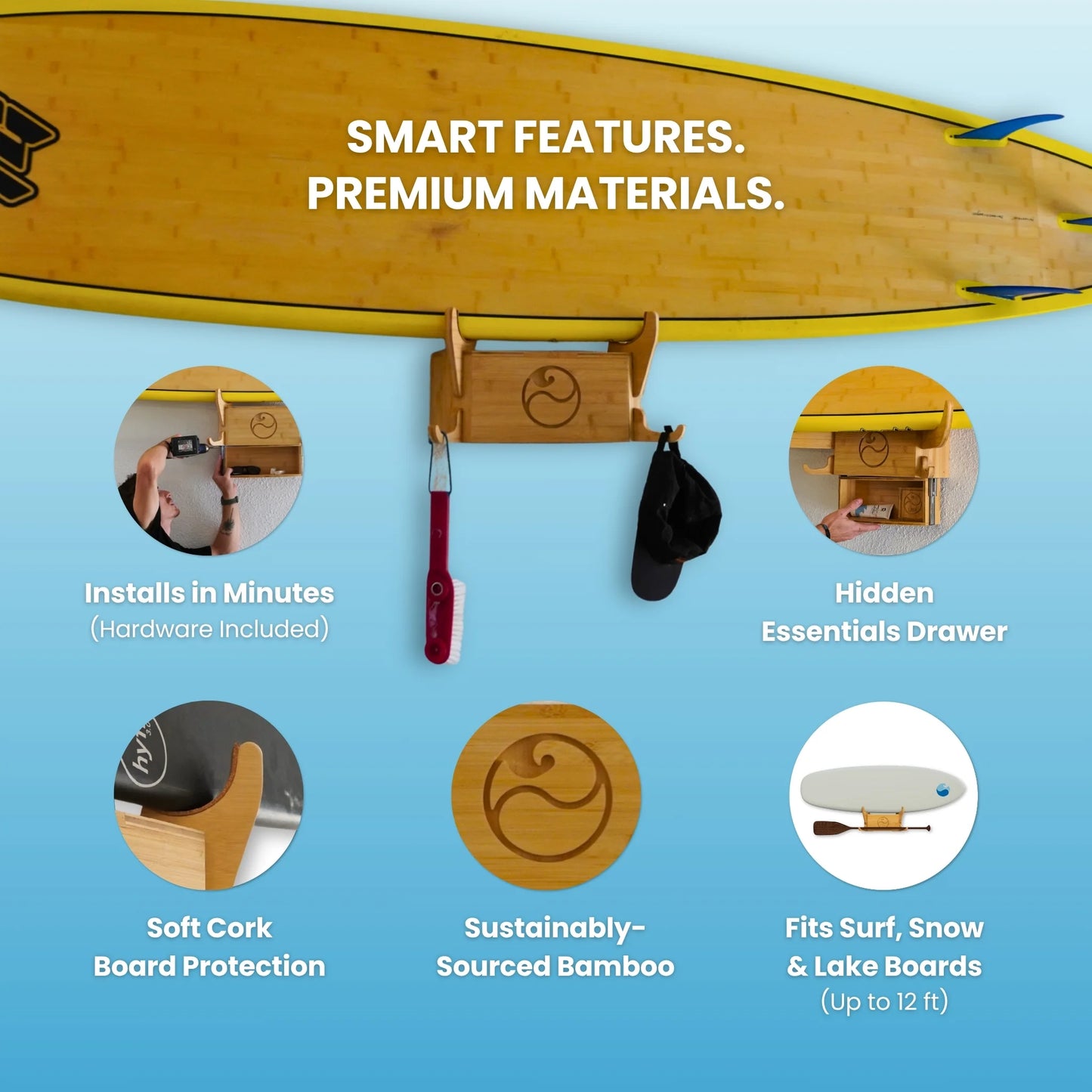 The Solo Rack with labeled features: cork padding, bamboo build, install hooks, and more.