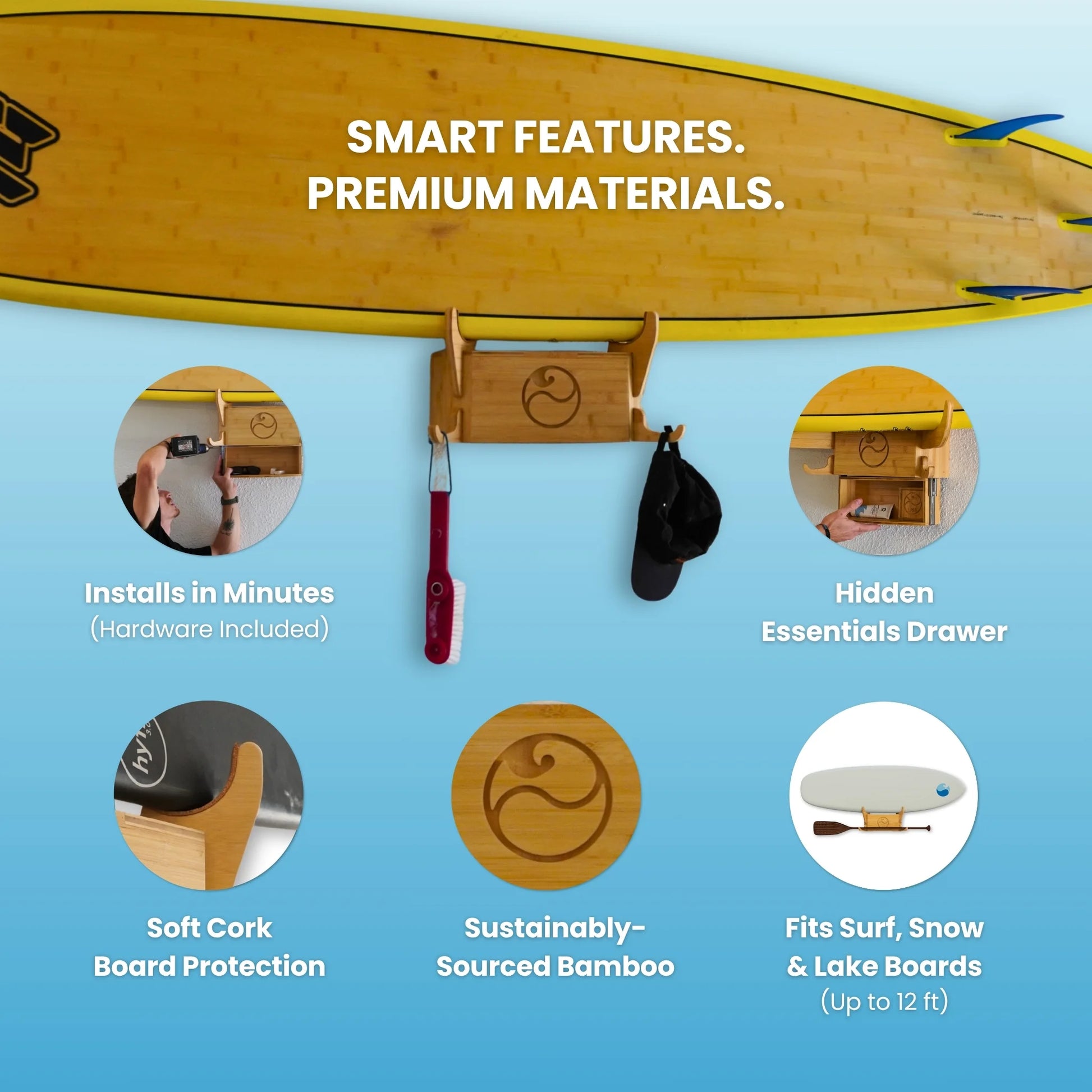 The Solo Rack with labeled features: cork padding, bamboo build, install hooks, and more.