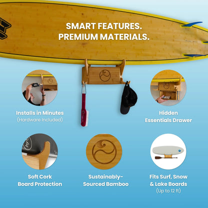 The Solo Rack with labeled features: cork padding, bamboo build, install hooks, and more.
