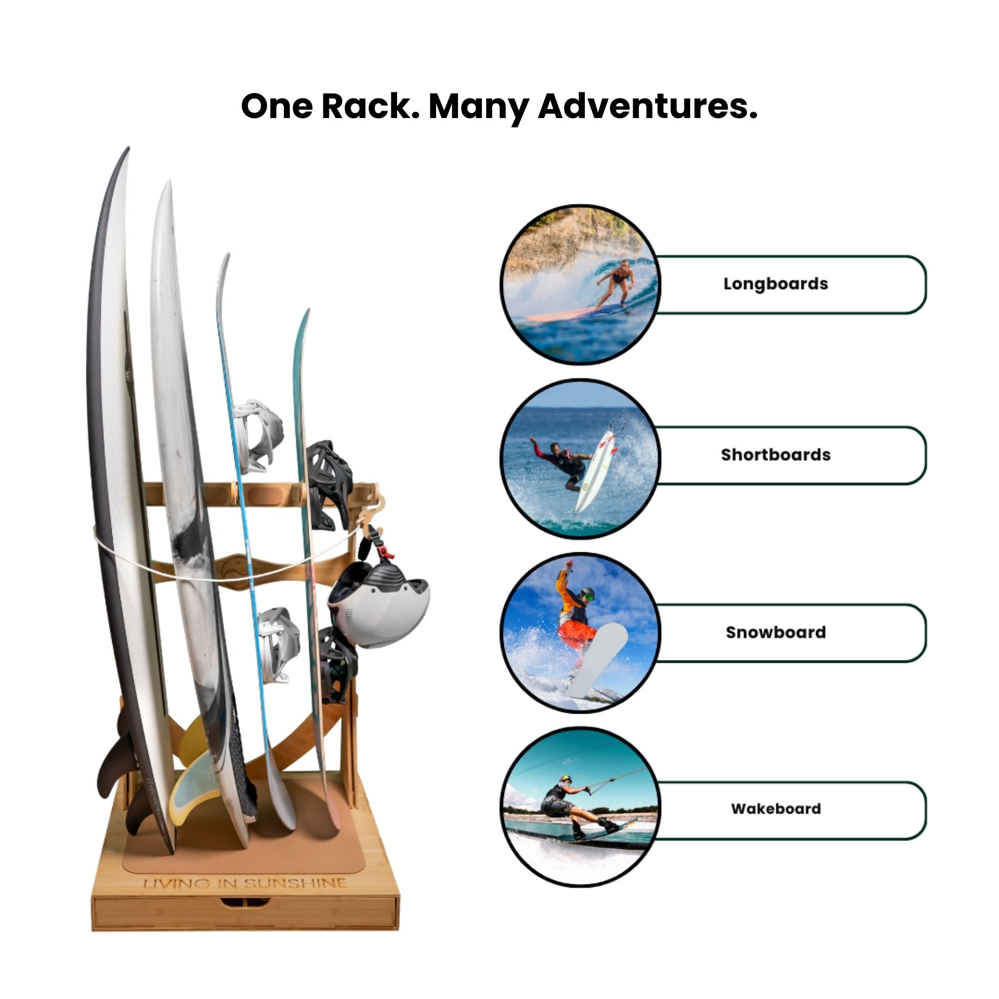 Spirit Rack shown with a variety of boards and gear; icons highlight compatibility with longboards, shortboards, snowboards, and wakeboards.