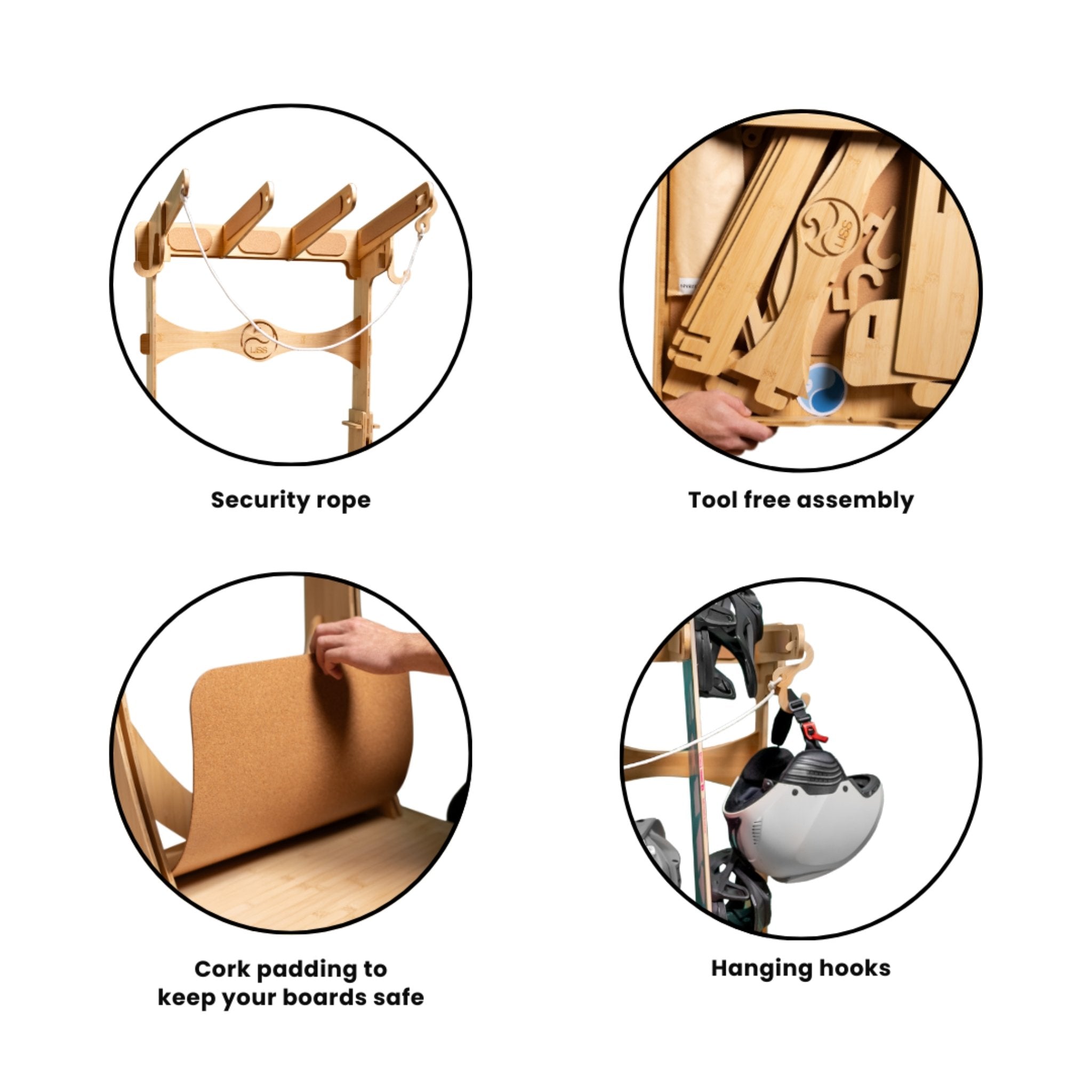 Four close-up circles showing Spirit Rack details: security rope, tool-free assembly, cork padding, and accessory hooks.