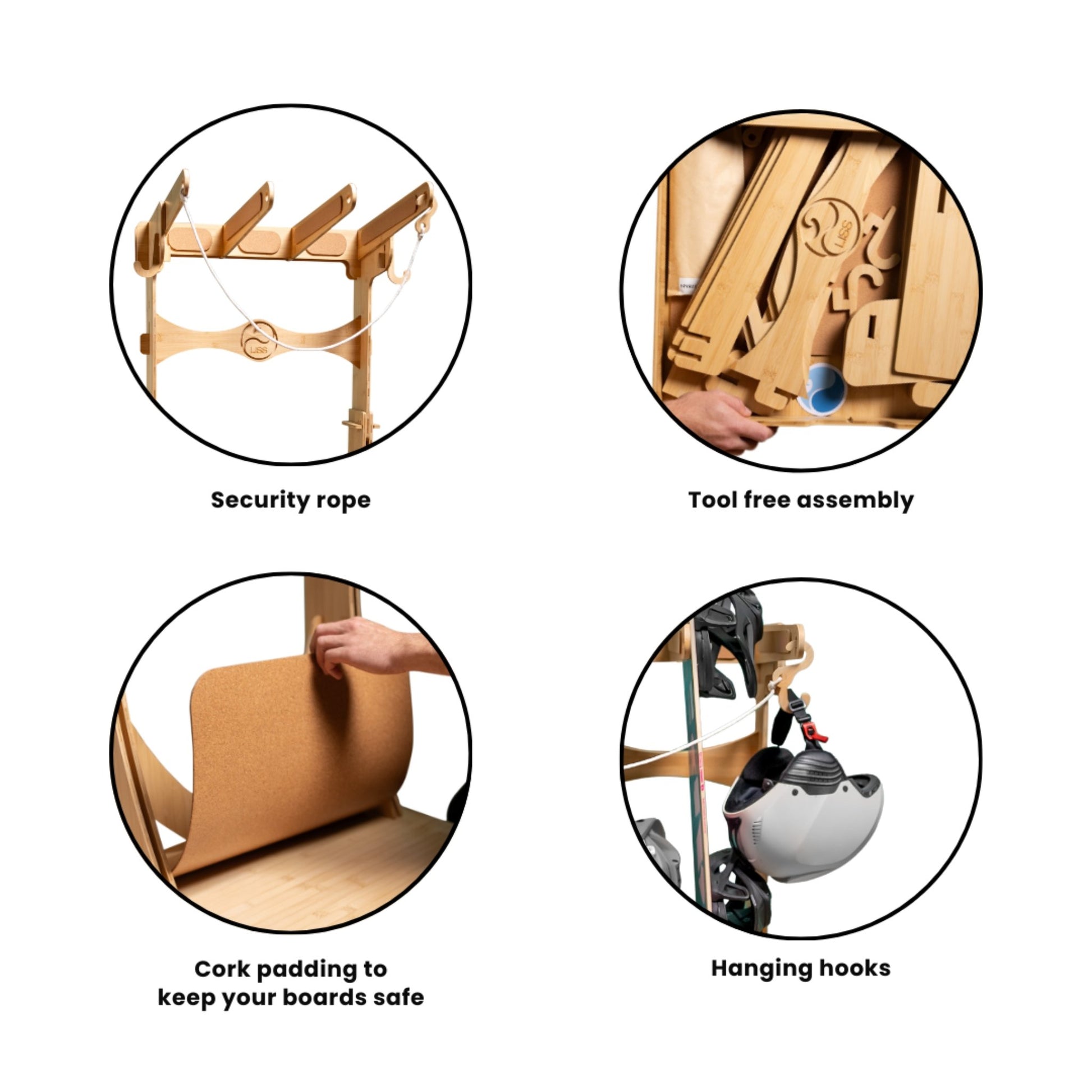 Four close-up circles showing Spirit Rack details: security rope, tool-free assembly, cork padding, and accessory hooks.