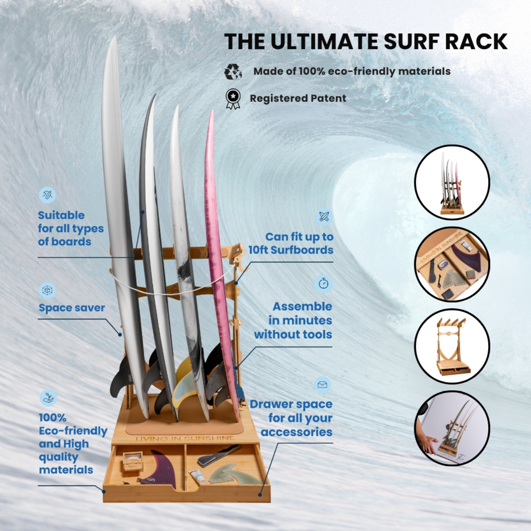 Labeled features of the Spirit Rack overlaid on a wave background, highlighting benefits like easy assembly, board compatibility, and eco-friendly materials.