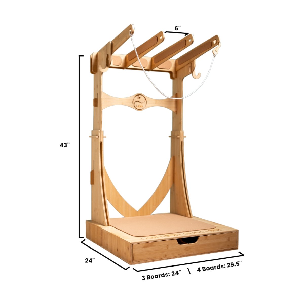 Side view of the Spirit Rack with dimensions labeled: 43 inches tall, 24 inches deep, and widths for 3 or 4 boards.