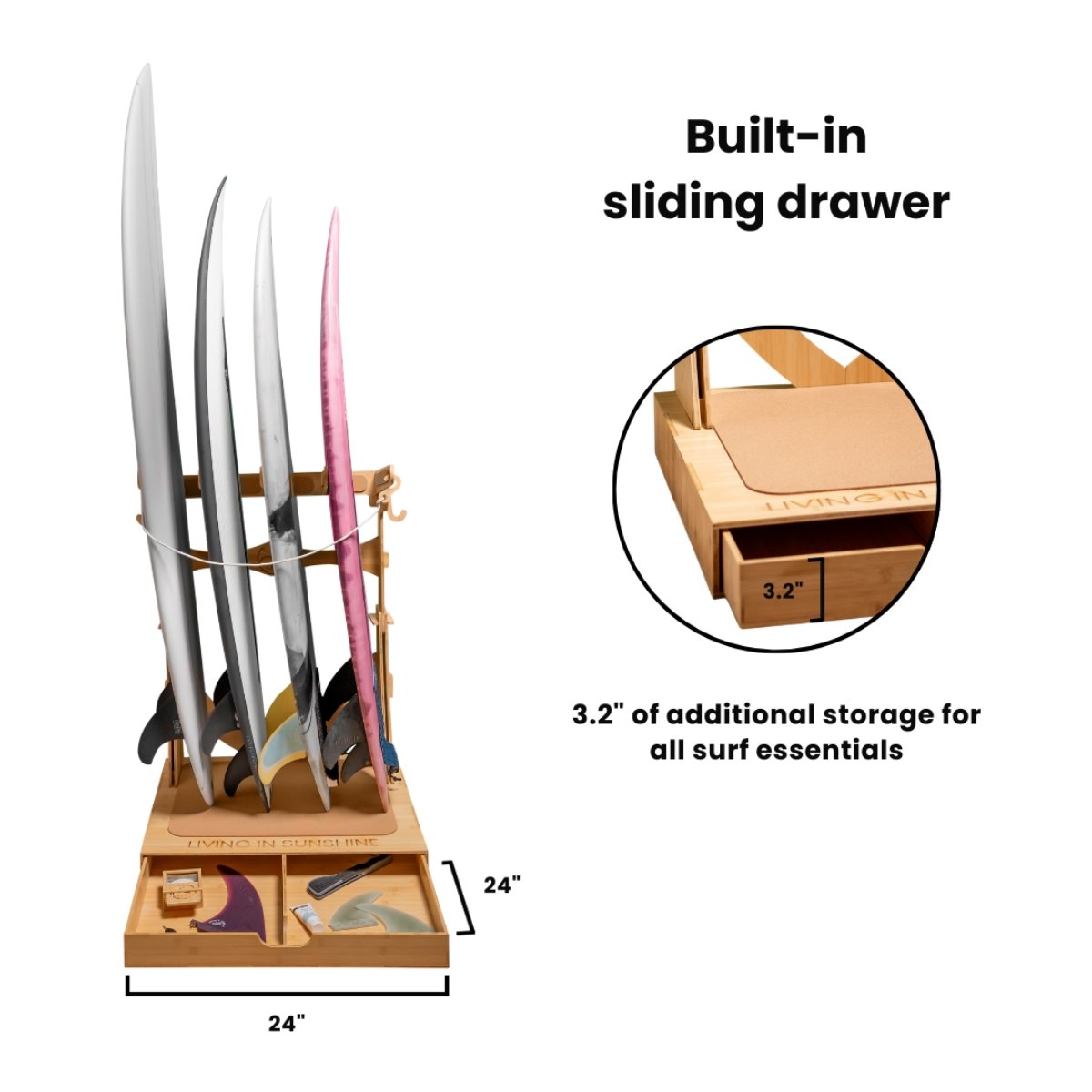 Side view of the Spirit Rack with dimensions labeled: 43 inches tall, 24 inches deep, and widths for 3 or 4 boards.