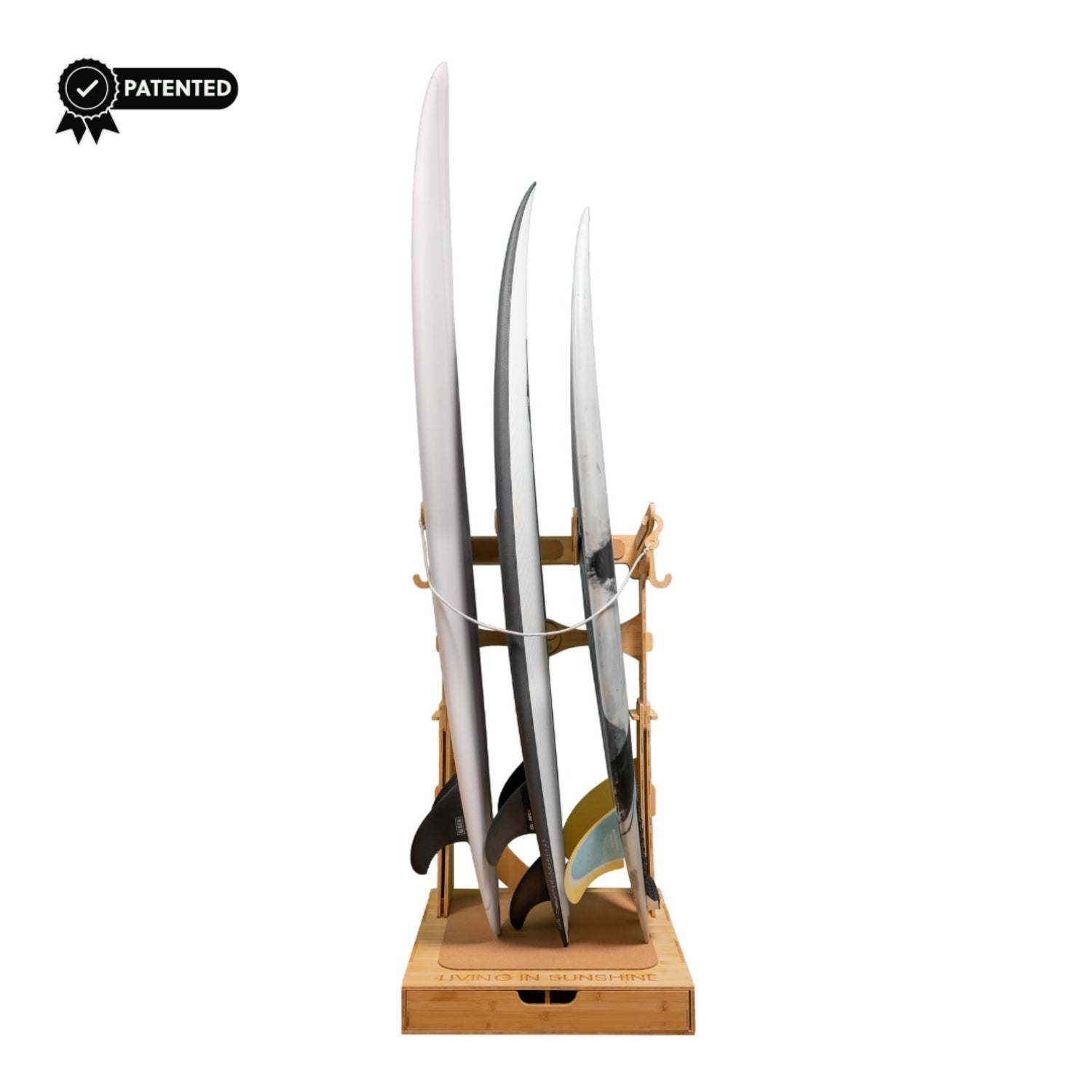 Assembled Spirit Rack holding three surfboards, showing front view with patented badge.