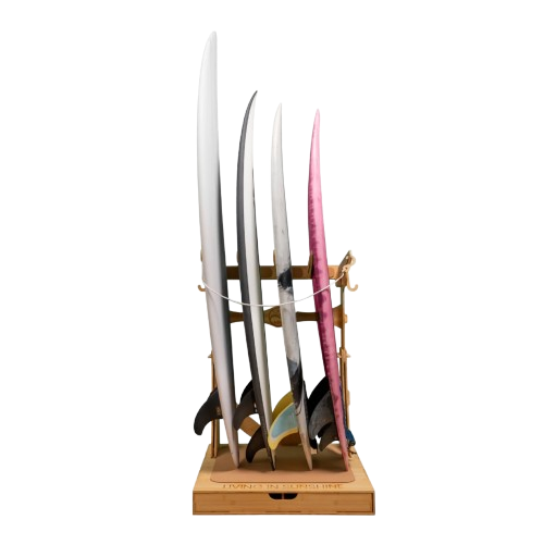 Wooden LISS Living in Sunshine rack holding multiple surfboards of various colors.