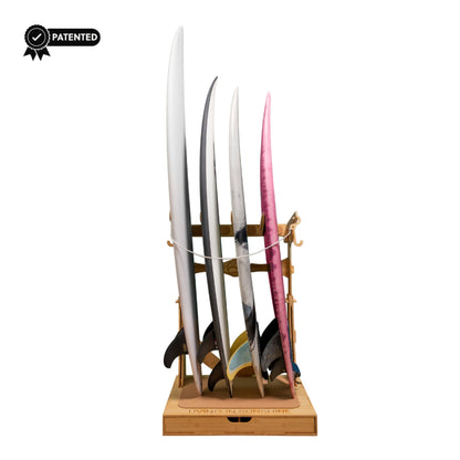 Assembled Spirit Rack holding four boards, including a pink surfboard, shown front-facing with patented badge.
