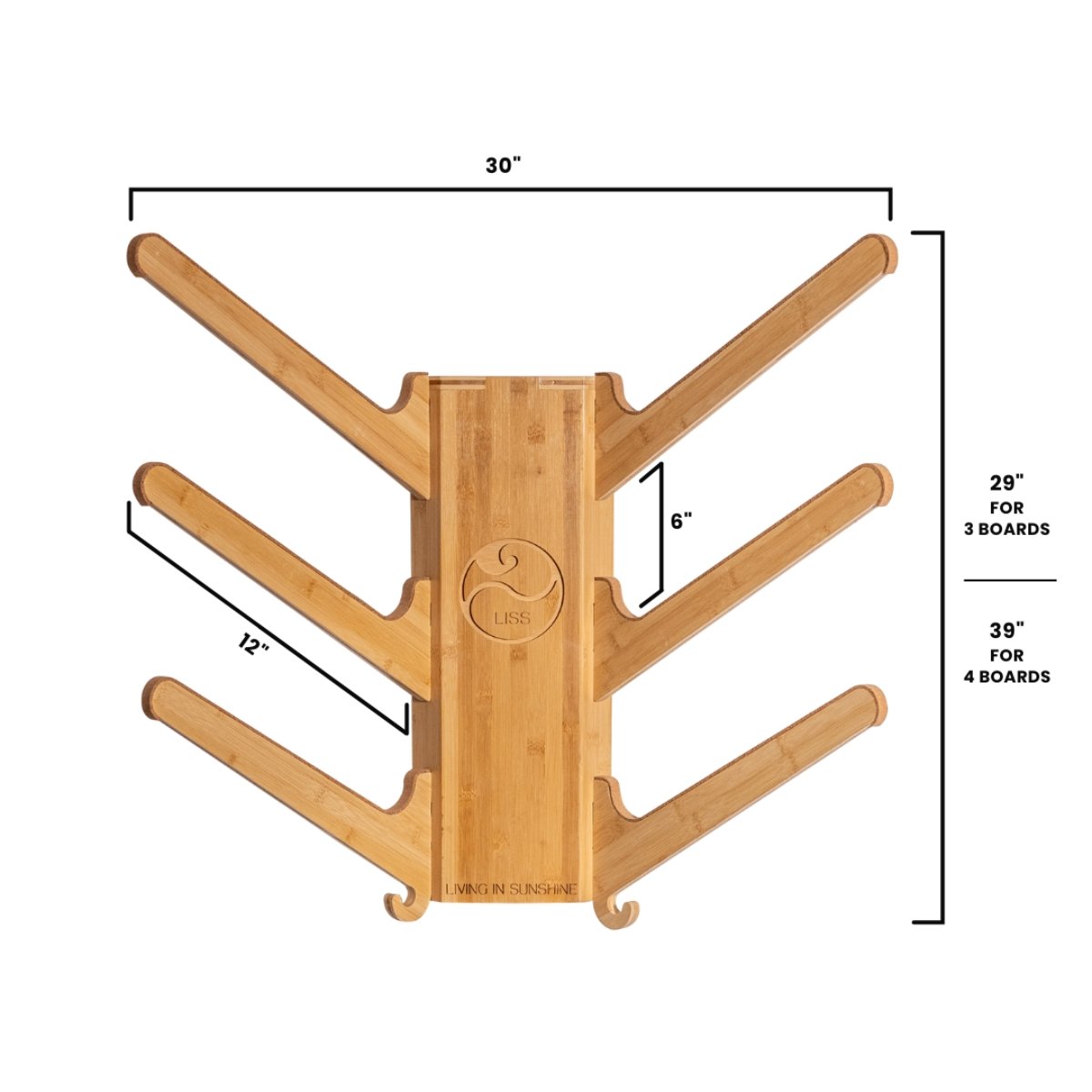 Diagram of the Sun Rack with labeled measurements: 30 inches wide, 6 inches between arms, and vertical height options for 3 or 4 boards.