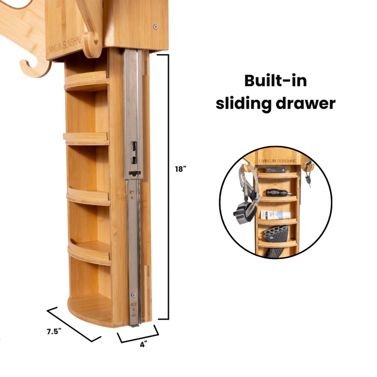 Diagram of the Sun Rack with labeled measurements: 30 inches wide, 6 inches between arms, and vertical height options for 3 or 4 boards.